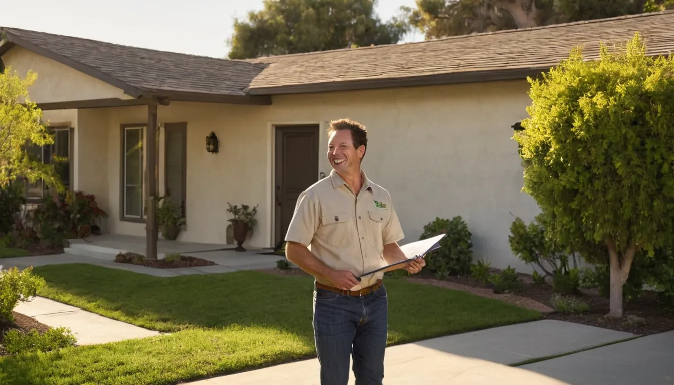 Friendly pest control provider talking with a homeowner at the front door of a stucco ranch home in the Los Angeles area